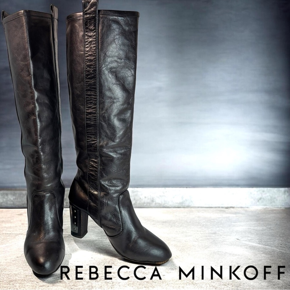 Rare REBECCA MINKOFF Sari Leather Black Leather Boots Sz 5 - Picture 2 of 11